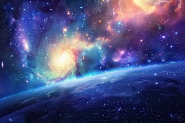 Fototapeta premium A Celestial Landscape with a Distant Planet and a Swirling Nebula