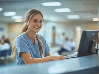 A hospital receptionist greeting a patient at the front desk, smile warmly and check them in on a computer system