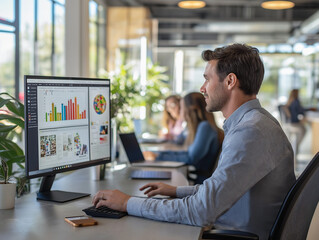 A marketing director reviewing campaign performance on a large monitor, with team members seated at desks nearby, working on their own laptops in an open-concept office