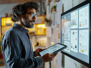 A UX/UI designer sketching out design concepts on a digital tablet, with wireframes and mood boards displayed on a wall-mounted screen in a creative corner of the office