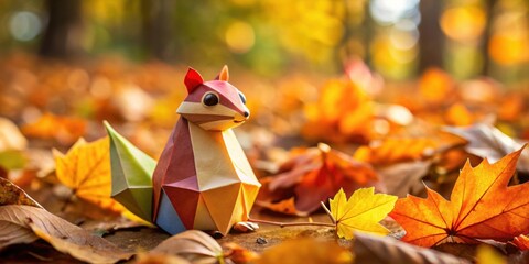 Origami chipmunk made of colorful paper sitting among autumn leaves in the forest, origami, chipmunk, paper craft, colorful