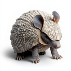 A realistic depiction of an armadillo showcasing its unique armored shell and small, curious features in a neutral background.