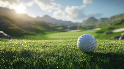 The golf ball is on a green lawn in a beautiful golf course with morning sunshine.