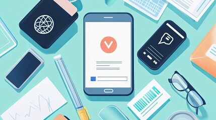 A flat lay of a digital identity verification process, with copy space available.