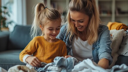 Obraz premium A mother and daughter peacefully folding laundry, chatting and laughing as they complete the task with ease