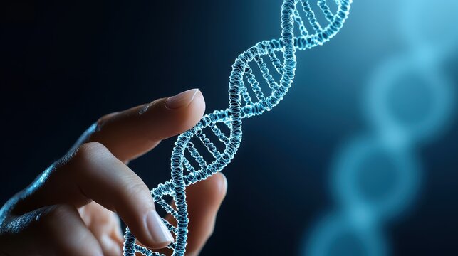 Close-up of a hand reaching towards a glowing digital DNA strand, symbolizing genetics, biotechnology, and scientific innovation.