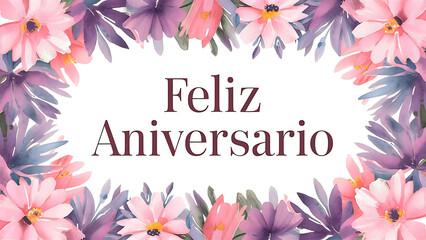 Feliz Aniversario Happy Birthday with flower and leaf in Portuguese language greeting card banner poster with color party balloons
