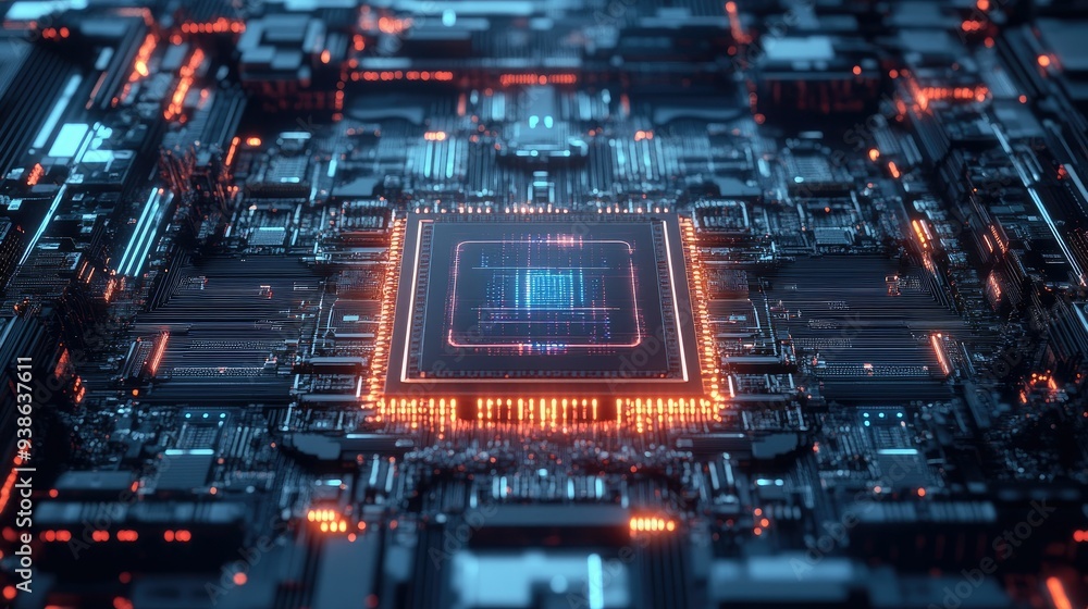 Poster a flat lay of a quantum computing chip with digital layers, with ample copy space.