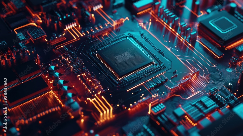 Poster a flat lay of a quantum computing chip with digital layers, with ample copy space.