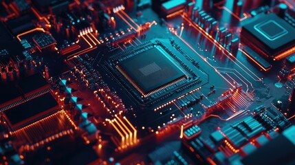 Fototapeta premium A flat lay of a quantum computing chip with digital layers, with ample copy space.