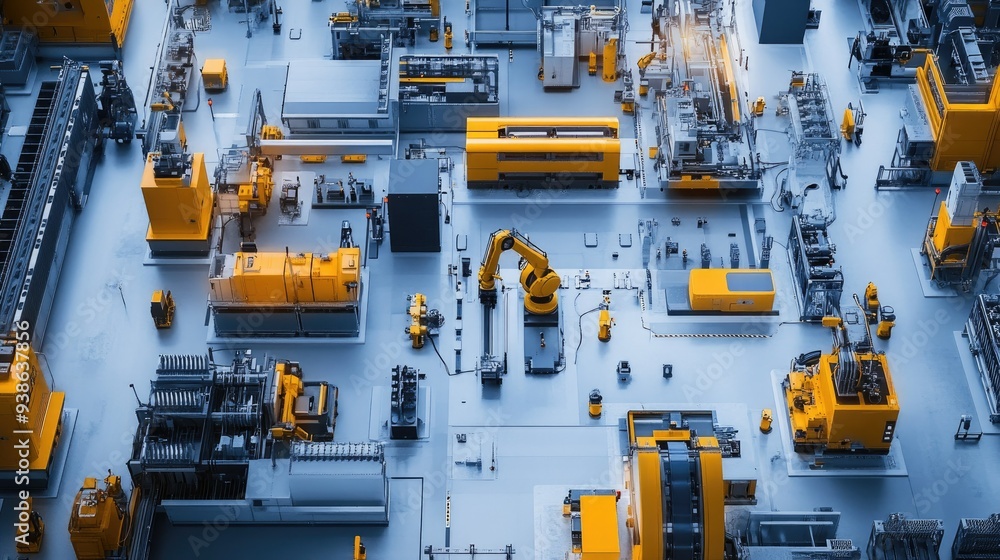 Poster a flat lay of a robotic automation system in a factory, with ample copy space.