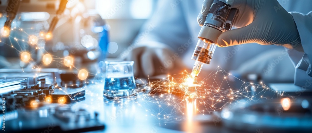 Poster close-up of a scientist's hand using a microscope in a modern lab, showcasing innovation and advance