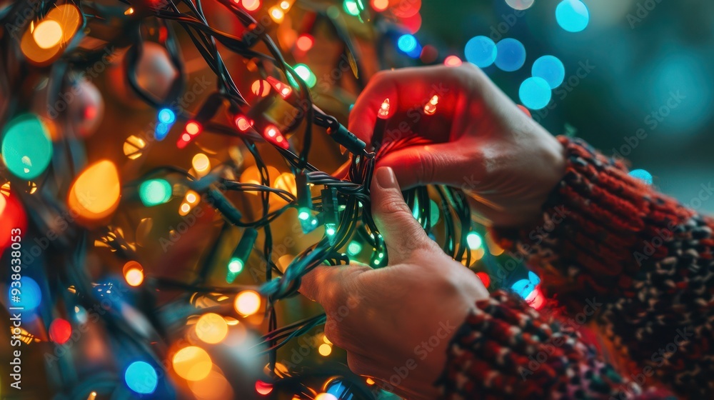 Poster close-up of hands untangling strings of colorful holiday lights.