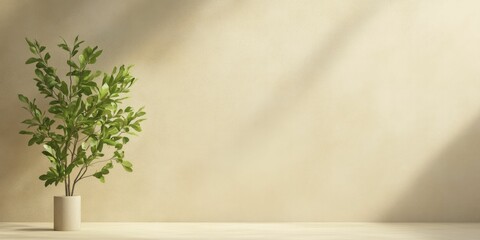 A lone potted plant bathes in the gentle sunlight against a minimalist beige wall.