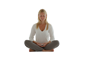 A serene woman sitting in a yoga pose, meditating peacefully in a calm environment, promoting tranquility and mindfulness.