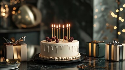 3D illustration, Elegant birthday scene, stylish cake with candles, luxury gift boxes, and a sophisticated greeting card