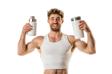 Energetic man in a tank top showcasing protein shakers with a big smile, perfect for fitness and nutrition-related content.