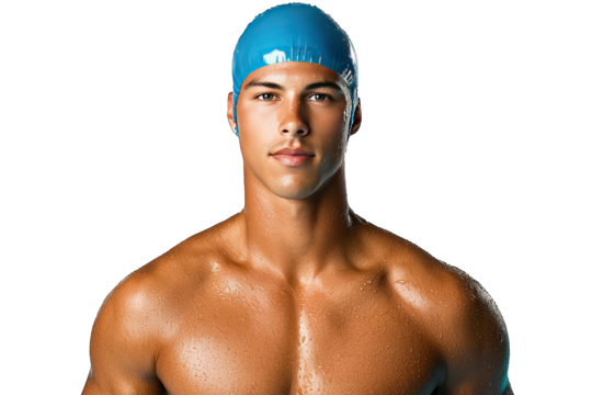 Athletic male swimmer with a blue swim cap, showcasing strength and determination, perfect for sports-related projects.