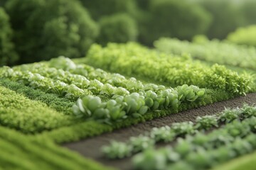 A lush thriving vegetable garden with rows of vibrant greens and healthy plants