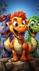 Naklejka premium cartoon dragons or dinosaurs characters friends together for children friendship 
