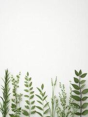 Obraz premium A minimalist arrangement of various green leaves and sprigs against a white background