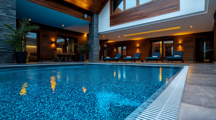 A contemporary hotel swimming pool with housekeeping staff cleaning the area