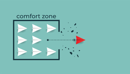 Leaving or breaking comfort zone to the growth zone concept with paper planes symbol