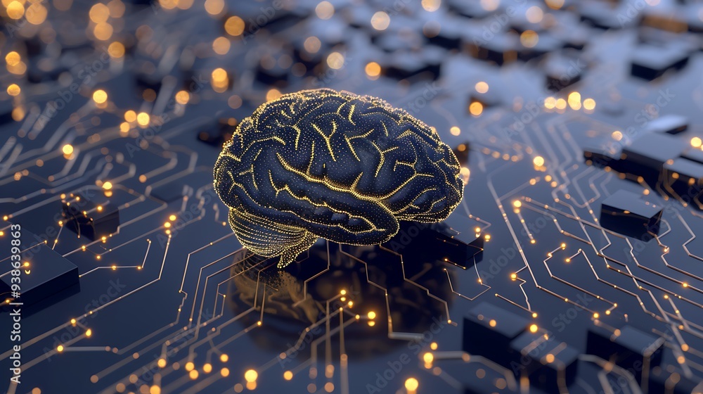 Poster digital representation of a human brain placed on a circuit board with glowing lines, symbolizing th
