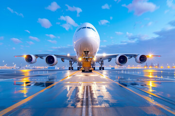 Airplane on Airport Runway at Sunset. Captivating View of a Large Passenger Aircraft Illuminated by Airport Lights Reflections on Wet Surface