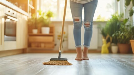Fototapeta premium A young person peacefully sweeping the kitchen floor, enjoying the quiet satisfaction of a clean space