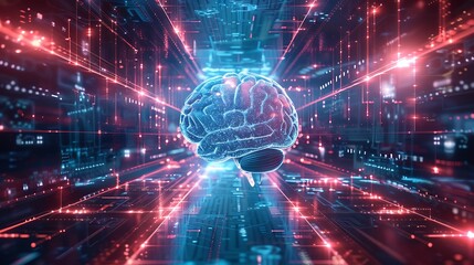 Digital representation of a human brain immersed in a complex network of lines and nodes, symbolizing the intricate workings of artificial intelligence and the future of technology.