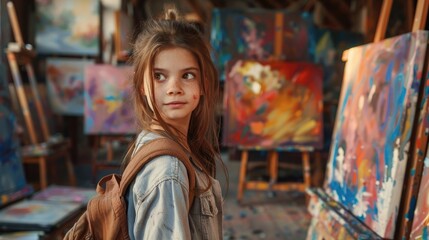 Obraz premium A young girl wearing a backpack stands in an art studio with colorful paintings on the walls and an easel beside her.