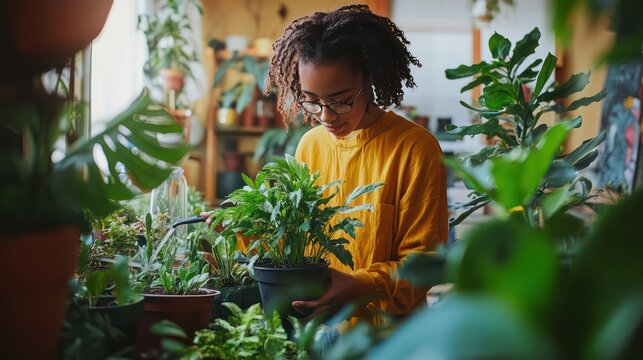 A young person leisurely watering houseplants, taking a moment to connect with nature during a stress-free chore