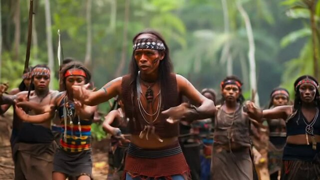 Amazon tribe people dancing in rain forest jungle
