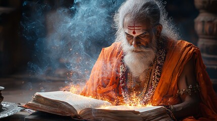 Fototapeta premium A serene depiction of Brahma with a large open book of creation in his lap, with divine light radiating from the pages.