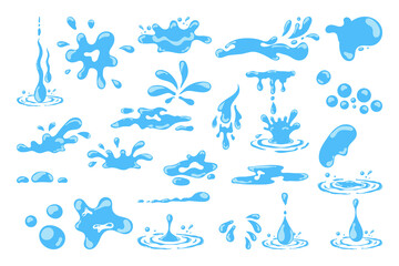 Cartoon blue dripping water drops, splashes, sprays and tears. Liquid flow, wave, stream and puddles. Nature water motion shapes vector set. Illustration of rain water drop, liquid splash