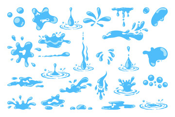 Cartoon blue dripping water drops, splashes, sprays and tears. Liquid flow, wave, stream and puddles. Nature water motion shapes vector set. Illustration of rain water drop, liquid splash