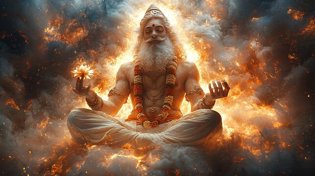 Brahma floating above a cosmic river, holding a lotus in one hand and the Vedas in another, with divine light emanating from his form.