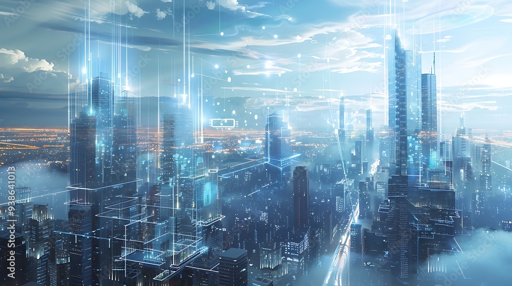 Poster futuristic cityscape with towering skyscrapers and a glowing digital network overlay. the scene show