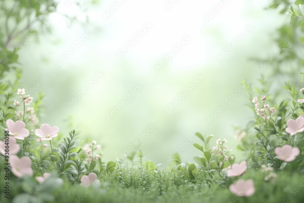 Poster a serene garden scene with delicate flowers and lush greenery under a soft diffused light