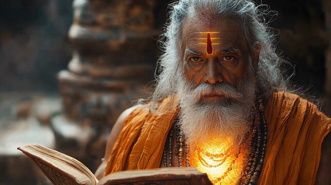 Brahma with an ancient book of Vedas open before him, glowing light streaming from the pages, as he imparts divine wisdom to humanity.