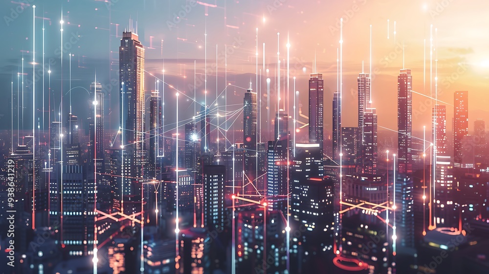 Poster aerial view of a modern city at night, with skyscrapers illuminated by lights, and interconnected by
