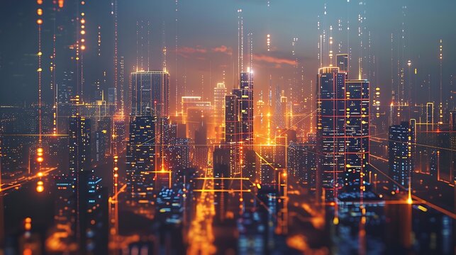 Futuristic cityscape with glowing lights and network connections, representing the interconnectedness and technological advancements of modern society.