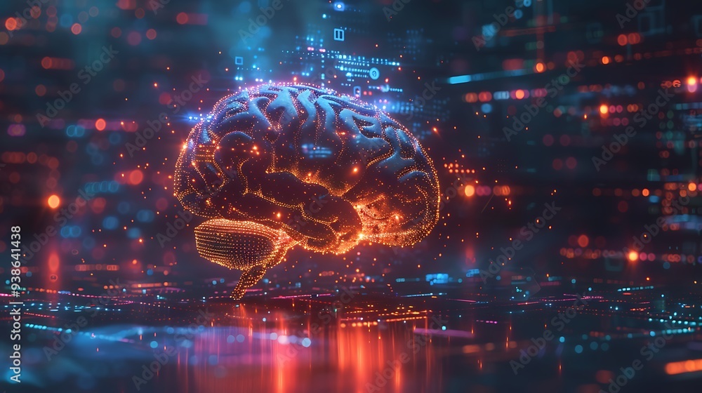 Poster digital illustration of a human brain composed of glowing particles. the image highlights the inters