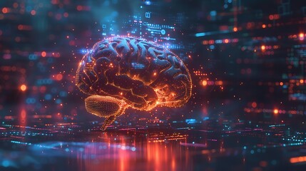 Digital illustration of a human brain composed of glowing particles. The image highlights the intersection of technology and human intelligence, suggesting a future increasingly intertwined.