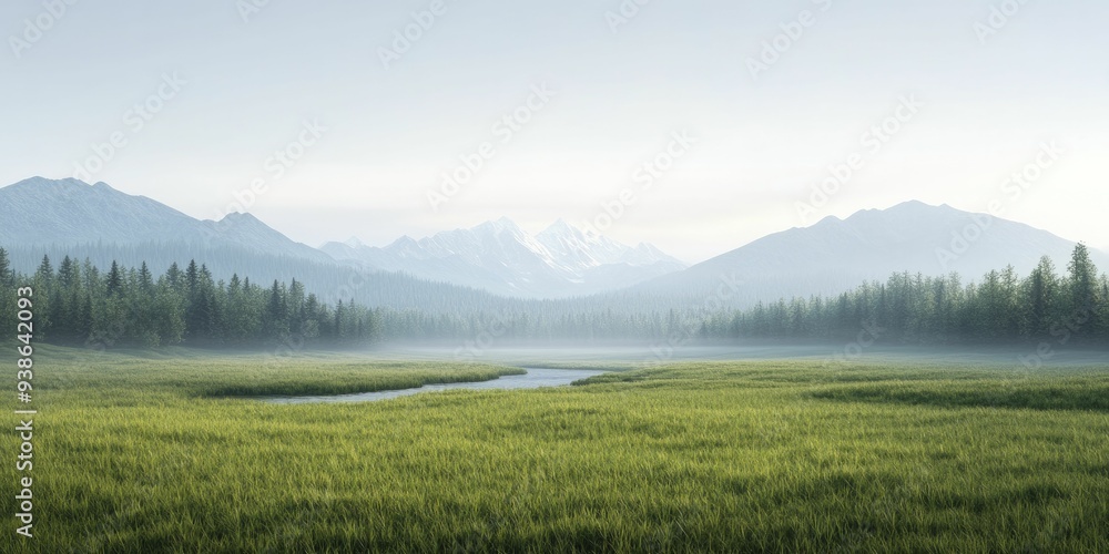 Canvas Prints A serene misty meadow stretches towards distant snow capped mountains under a clear sky