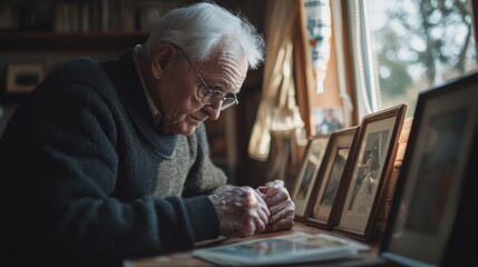 An elderly man gently dusting picture frames, ensuring his memories are well-preserved and the room is dust-free.