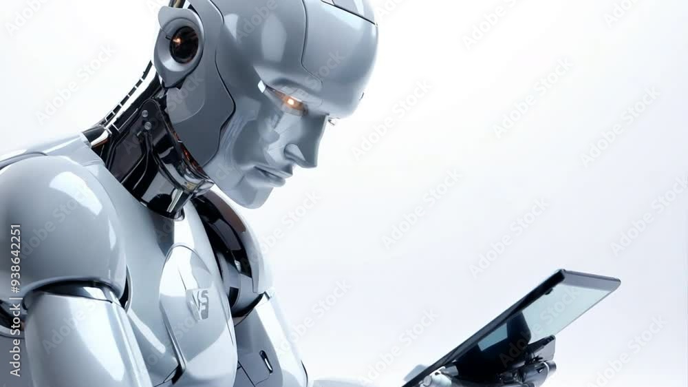 Poster a robot using a tablet, isolated on a white background,generative ai