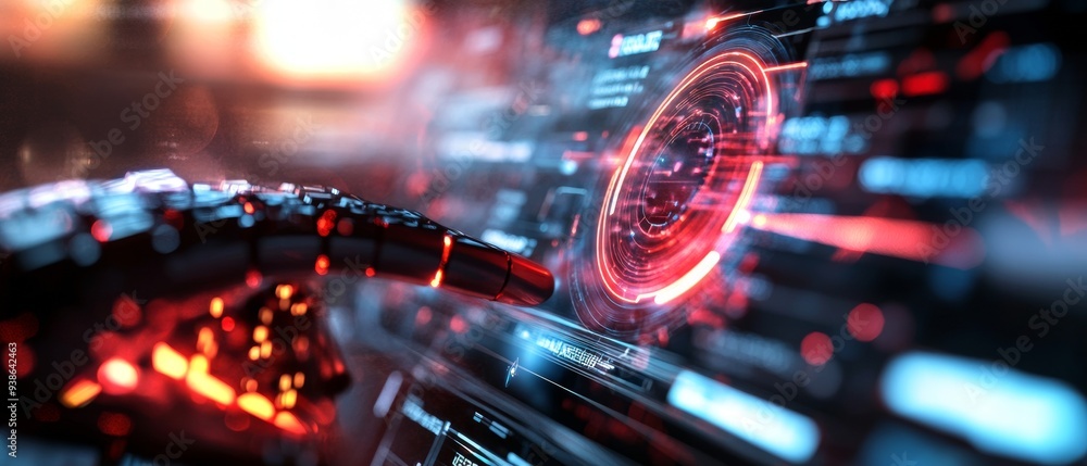 Poster futuristic interface with a robotic hand interacting with glowing technology, showcasing advanced di
