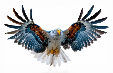 A majestic hawk in mid-flight with outstretched wings, showcasing its stunning plumage and sharp features against a white background.